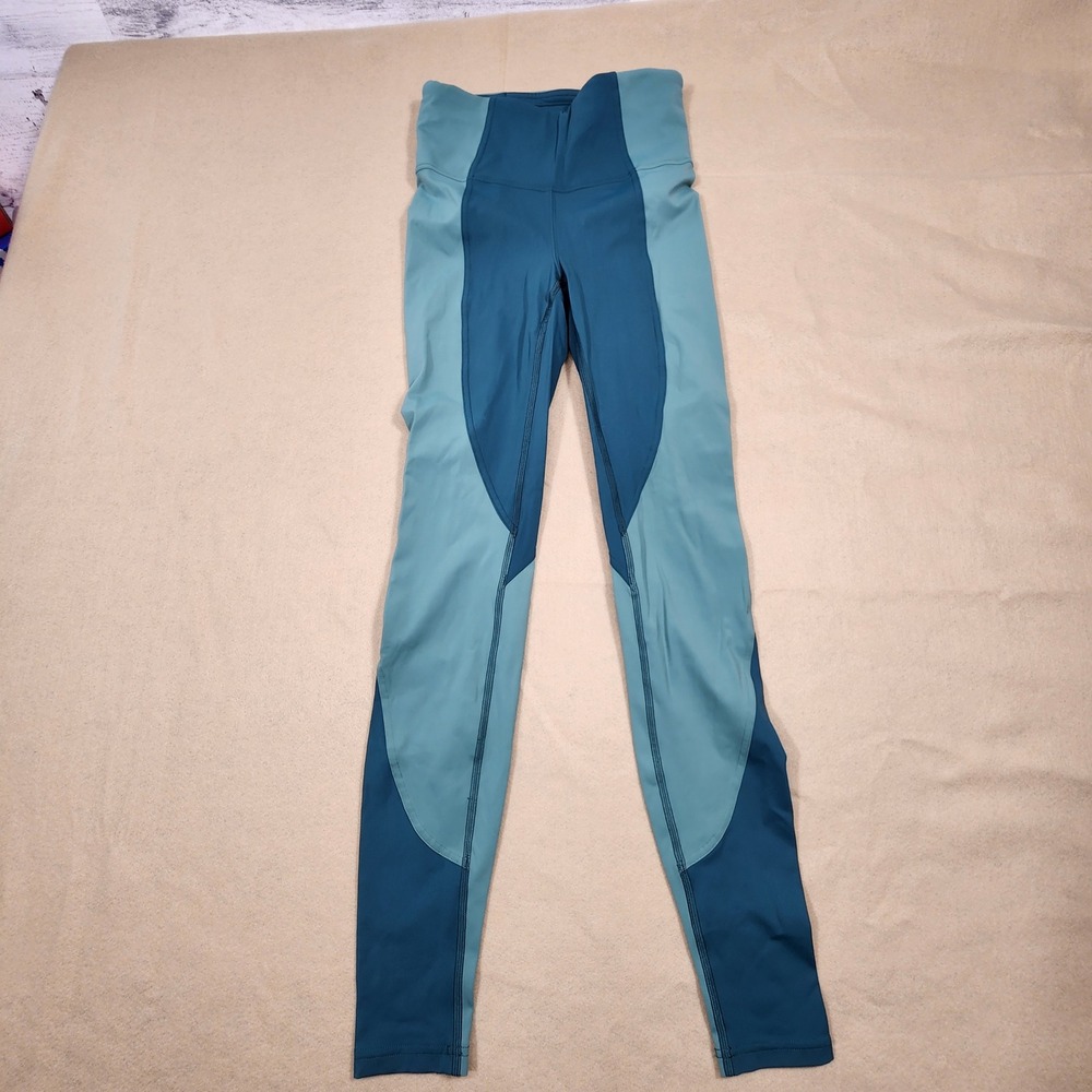 Lululemon Leggings Women Size 4 Teal Colorblock High Rise Full Length Yoga Pants